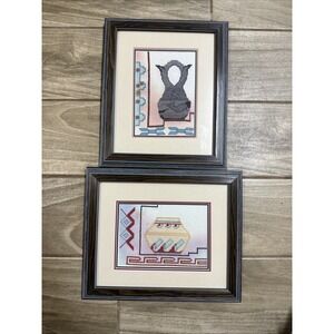 Vintage Wood Frame Cross Stitch Wall Decor Picture Handmade Southwestern Pottery